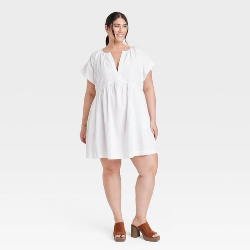 Universal Thread White Linen Blend V-Neck Babydoll Mini Dress XL - Picture 2 of 8